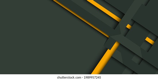 Plantilla de diseño web de banner con rayas geométricas amarillas y verdes que se solapan con sombra sobre fondo oscuro. Ilustración del vector
