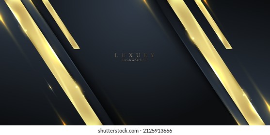 Banner web elegant 3D abstract blue stripes shapes with lighting shiny golden diagonal lines on dark blue background template luxury style. Vector illustration