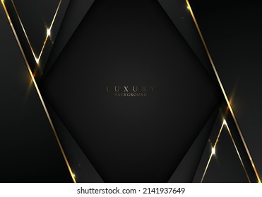 Banner web elegant 3D abstract black stripes shapes and lighting shiny golden diagonal lines dark background template luxury style  Vector illustration