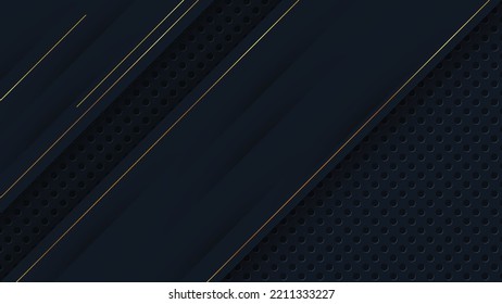 Banner web elegant 3D abstract black stripes shapes with lighting shiny golden diagonal lines on dark background template luxury style.