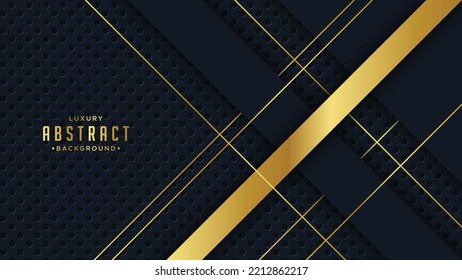 Banner web elegant 3D abstract black stripes shapes with lighting shiny golden diagonal lines on dark background template luxury style.