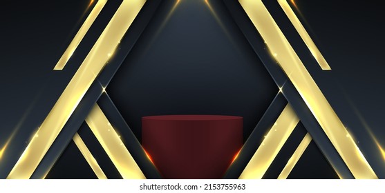 Banner web elegant 3D red cylinder podium abstract blue stripes shapes with lighting shiny golden diagonal lines on dark blue background template luxury style. Vector illustration