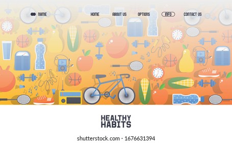 Banner for web healthy habit, outdoor sport poster, cycling, sport game vector illustration. Contact us, about us, home, options button. Web site design template, health business company.