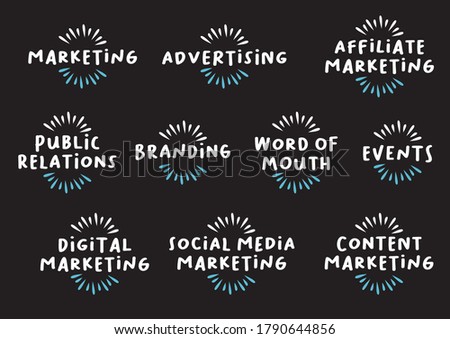 Banner web icon set of marketing, advertising, affiliate marketing, public relations, branding, word of mouth, events, digital marketing, social media and content marketing. Vector illustration