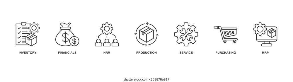 
 banner web icon sheet vector illustration concept with icon of inventory, financials, hrm, production, service, purchasing, mrp