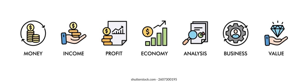 banner web icon vector illustration concept for business and finance circulation with icon of money, income, profit, economy, analysis, business, value
