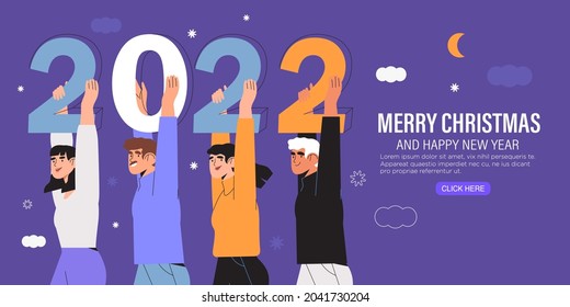 Banner, web landing page. Happy  people or office workers, employees hold big number 2022. Group of friends or team wish Merry Christmas and happy New Year to their customers. Winter holiday greeting.