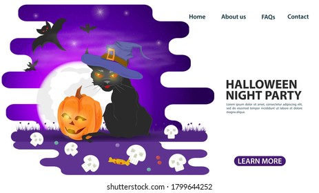 banner for web page design and mobile applications, on the theme of all saints eve Halloween, black cat in a witchs hat sitting on the background of the moon, flat vector illustration