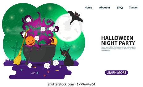 banner for web page design and mobile applications, on the theme of all saints eve Halloween, witchs cauldron with potions and skulls, flat vector illustration