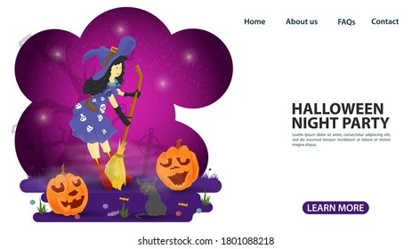 banner for web page design and mobile applications, on the theme of all saints eve Halloween, a witch stands and holds a broom among pumpkins, flat vector illustration