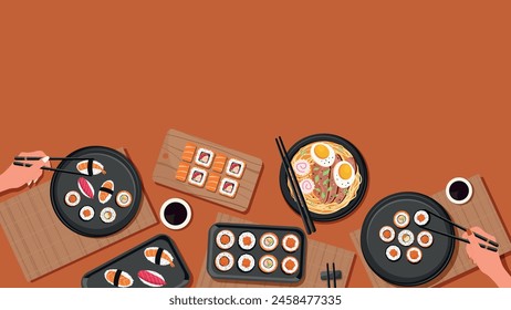 Banner, web page, landing page, horizontal with Asian food. Japanese restaurant concept. Girls eating sushi, rolls, ramen. Vector