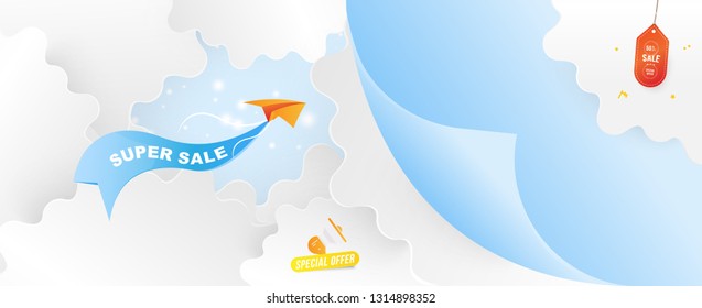 Banner for web page. Special offer Super Sale 50% Plane with a ribbon on the background of clouds cut out of paper and glowing lights. Concept with loudspeaker and label