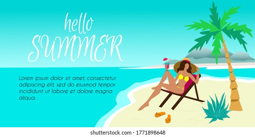 Banner for web page template. Horizontal header for summer vacation and tourism site. Hot girl sunbathes on a sea beach in a deck chair. Stock vector flat modern illustration.