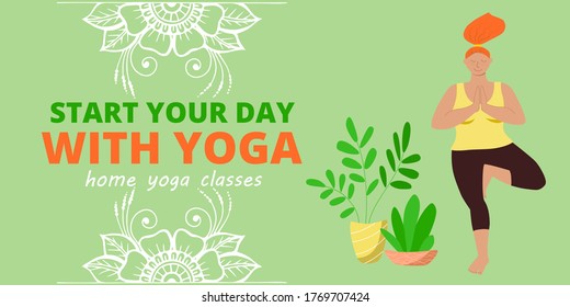 Banner for web page template. Meditation and yoga classes online advertising. Redhead girl is doing tree asana position and mehendi patterns for design. Stock vector flat modern illustration.