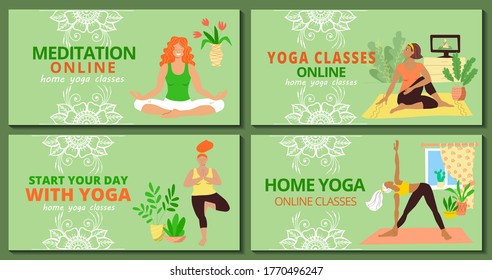 Banner for web page templates set. Meditation and yoga classes online advertising. Girls in tracksuits are doing asanas ans meditate in the home interior . Stock vector flat modern illustration.
