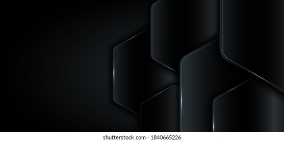 Banner Web Template 3D geometrisch schwarz Metall mit blauem Licht Technologie Konzept. Vektorgrafik