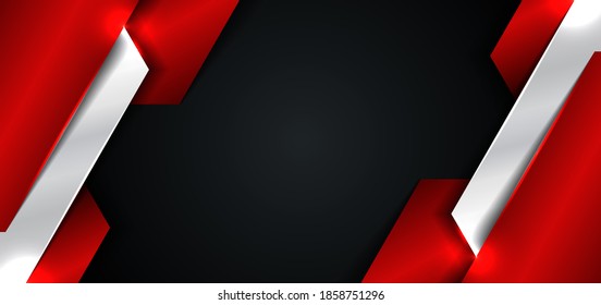 Banner Web Template Design Abstract Red And Silver Metallic Metal Geometric Overlapping Layer On Black Background. Technology Style. Vector Illustration