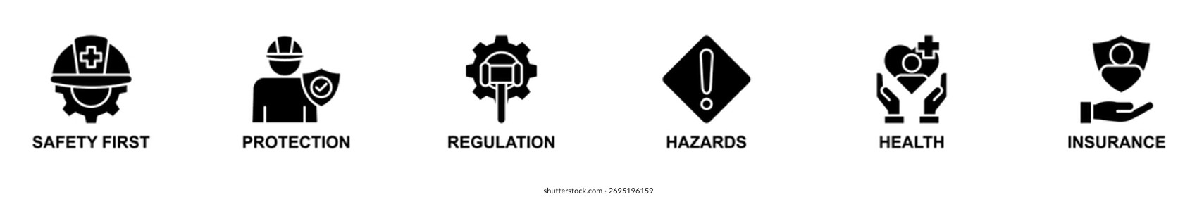 Anuncio Web de Ilustración vectorial de iconos de seguridad laboral. Concepto de seguridad primero, protección, regulaciones, peligros, salud y seguro. Simple Ilustración vectorial de glifos.