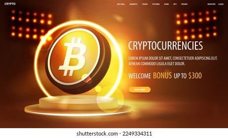 Banner para sitio web con botón, podio con anillo de neón amarillo en el fondo y bitcoin 3D de oro