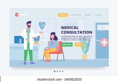 Banner For The Website, Consultation With A Doctor. A Visit To The Doctor Of The Patient In The Clinic. Interior Of Doctor's Office With Characters Doctor And Patient At Reception.