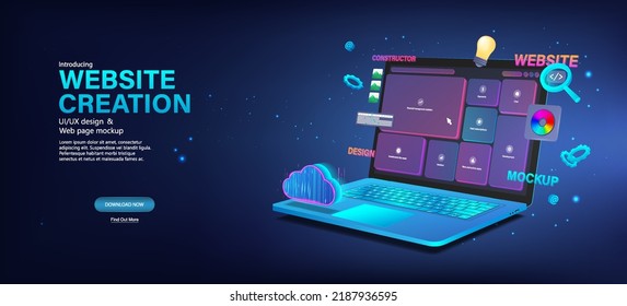 Banner Website development with laptop and template webpage. Building interface on the screen of a laptop. Coding and software for development Website. Development of the interface, code. Vector