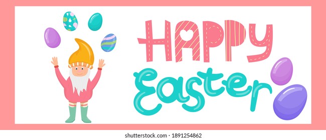 Banner for a website with a gnome and Easter eggs in a cartoon style. Vector illustration for the Easter holiday, with colorful eggs and beautiful lettering.
