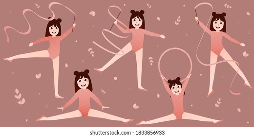 Banner for website with little cute gymnasts and ballerinas, healthy lifestyle and sport activities for school girl, kids practicing with ribbon and hoop, yoga poses in cartoon style
