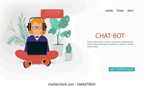 Banner, for a Website, or Mobile Apps, Artificial Intelligence Concept, a girl sitting with a laptop in headphones, and leads a chat, Flat Vector Illustration