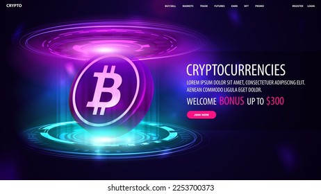 Banner for website with offer and 3D coin of Bitcoin in blue and pink hologram of digital rings in dark room