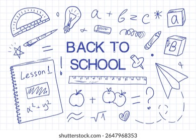 Banner Welcome Back to school. Doodle style school supplies drawn with a pen on a checkered paper page. Horizontal poster with text space, background with school supplies in vector