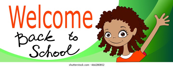  Banner Welcome Back to School. Smiling elementary school student. Vector illustration.