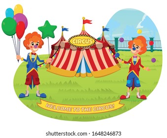 Banner Welcome to the Circus Lettering Cartoon. Clowns Offer to Visit Performance in Big Top Circus. Clowns are Holding Balloons and Smiling. Clown Juggles Balls. Vector Illustration.