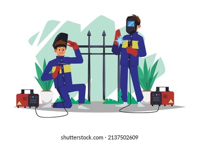 Banner with welders repairing fence, cartoon flat vector illustration isolated on white background. Welding works advertising banner backdrop with welders characters.