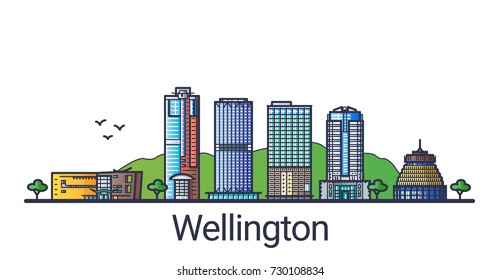 Banner of Wellington city in flat line trendy style. Wellington city line art. All buildings separated and customizable.