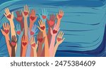 Banner whit abstract raised hands of multicultural volunteer people holding a heart. Charity and solidarity donation. Community of volunteers. Voluntary concept. NGO. Aid. Volunteerism