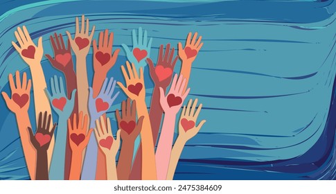 Banner whit abstract raised hands of multicultural volunteer people holding a heart. Charity and solidarity donation. Community of volunteers. Voluntary concept. NGO. Aid. Volunteerism