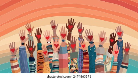 Banner whit raised hands of multicultural volunteer people holding a heart. Charity and solidarity donation. Community of volunteers. Voluntary concept. NGO. Aid. Volunteerism