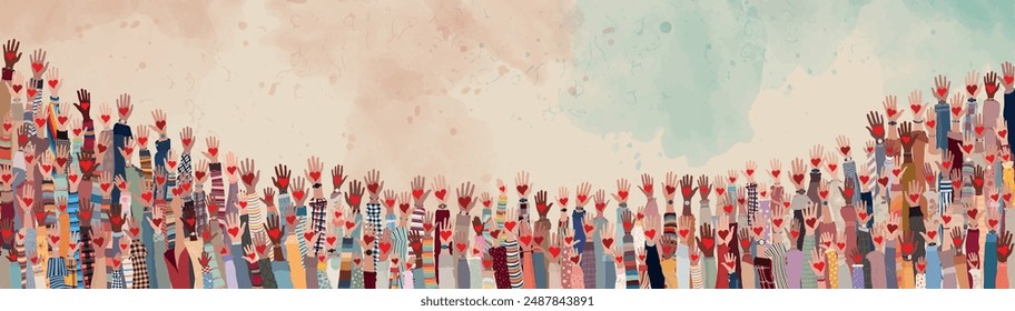 Banner whit raised hands of multicultural volunteer people holding a heart. Charity and solidarity donation. Community of volunteers. Voluntary concept. NGO. Aid. Volunteerism