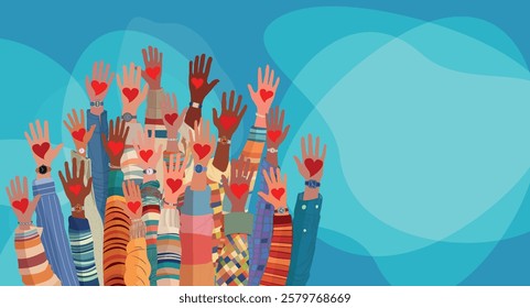 Banner whit raised hands of multicultural volunteer people holding a heart. Charity and solidarity donation. Community of volunteers. Voluntary concept. Aid. NGO. Volunteerism