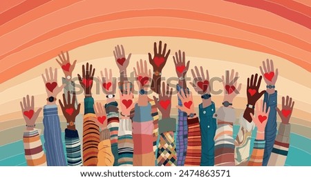 Banner whit raised hands of multicultural volunteer people holding a heart. Charity and solidarity donation. Community of volunteers. Voluntary concept. NGO. Aid. Volunteerism