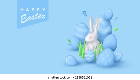 Banner with white bunny, rabbit sitting in grass with matte and glossy eggs and serpentine. Happy Easter poster. Vector illustration for card, party, design, flyer, banner, web, advertising.