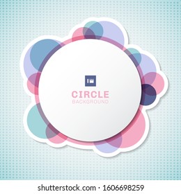 Banner white circle round label with pastel circles elements overlapping on blue background. Vector illustration