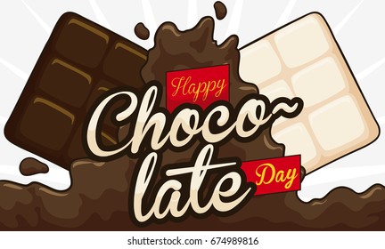 Banner with white and dark bars colliding over liquid cocoa beverage to celebrate Chocolate Day.