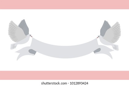 Banner and white doves as symbols of purity and peace, poster with ribbon and flying birds, pink frame on top and bottom vector illustration