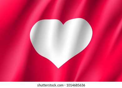 Banner white heart on red background, realistic waving flag. Symbol of love, feelings, relationships. Vector illustration of a romantic element