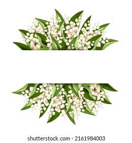 Banner with white lily of the valley flowers and green leaves. Vector illustration