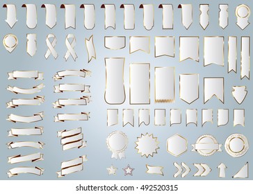 Banner white vector icon set on grey background. Ribbon isolated shapes illustration of gift and accessory. Christmas sticker and decoration for app and web. Label, badge and borders collection.