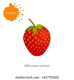 Banner with a whole strawberry close up. Vector template for advertising berries. Illustration in cartoon style with an inscription.