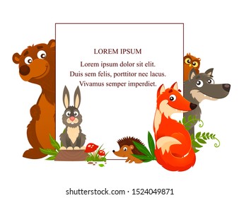 Banner with wild friendly animales. Placard with fox, wolf, bear, bunny, owl and  hedgehog with place for text.