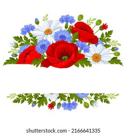 Banner with wildflowers. Red poppies, blue cornflowers, white daisies, leaves and buds. Template for banner, label, greeting card, e.t.c. Vector illustration.